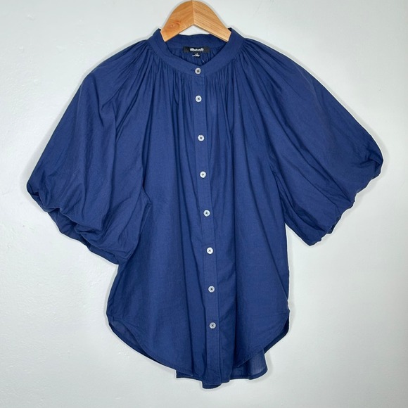 Madewell Shirred Balloon-Sleeve Top Button Front Blouse Navy Blue Size Large - Picture 2 of 10